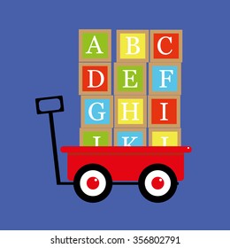 Vector illustration of a traditional red toy wagon or trolley with alphabet letter blocks stacked and ready to be transported