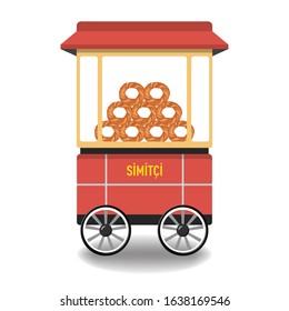 Vector illustration of traditional red Turkish street food cart with sesame bagel Simit isolated on white background