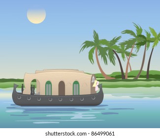 vector illustration of a traditional rice  boat converted to a house boat cruising on the backwaters of kerala in south india in eps 10 format