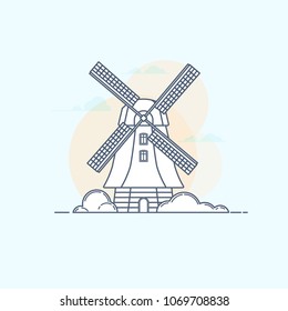 Vector illustration of traditional rural windmill in linear style. Design element for logo, emblem or banner