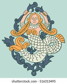 Vector illustration with traditional russian folk wood carving ornaments. The postcard with cute hand drawn mermaid.
