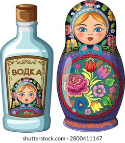 Vector illustration of a traditional Russian matryoshka doll and vodka bottle with floral patterns.