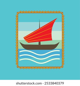 Vector illustration of a traditional sailing boat on a blue sea background.