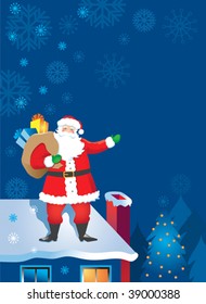 Vector illustration of traditional Santa Claus on a snowy rooftop on Christmas Eve. Good background or ad mat with room for copy, etc.