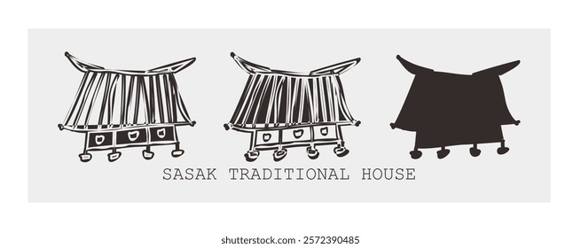 Vector illustration of traditional Sasak lombok house, monochromatic for icons and symbol