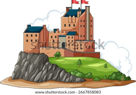 Vector illustration of a traditional Scottish castle with red flags, perched on a rocky hill, surrounded by greenery and stylized clouds