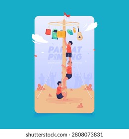 Vector illustration of traditional slippery pole climbing game, Indonesian Independence Day celebration with greasy pole climbing game, Cartoon design