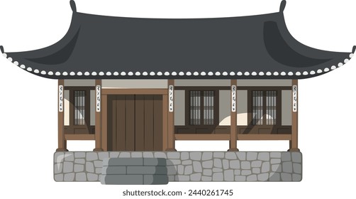 Ilustración vectorial de una casa tradicional de Kanok de Corea del Sur en estilo de dibujos animados aislado sobre fondo blanco. Casas Tradicionales de la Serie Mundial