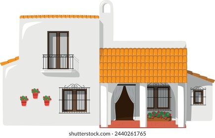 Vector illustration of a traditional Spain Andalusian farmhouse in cartoon style isolated on white background. Traditional Houses of the World Series