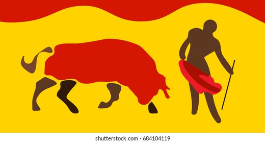 Vector illustration for traditional Spanish corrida. Bull and toreador or matador on the arena or plaza. Bullfight as one of the symbols of Spain.