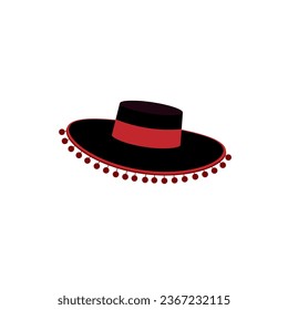 Vector illustration traditional Spanish hat icon isolated on white background. Spain country symbol. Black and red flamenco hat