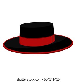 Vector illustration traditional Spanish hat icon isolated on white background. Spain country symbol. Black and red flamenco hat