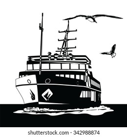 Vector illustration of a traditional steamship from Istanbul, Turkey. Black and white.