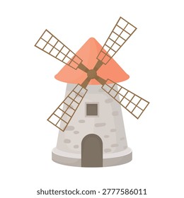Vector illustration of a traditional stone mill isolated on white background. Rustic medieval grain grinder with natural rock texture, old flour milling equipment in flat cartoon style. Agricultural and historical object for farm, bakery, village, organic food, and heritage design projects.