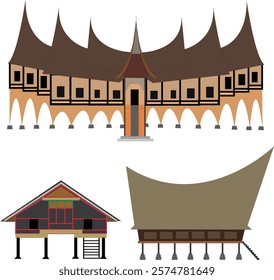 Vector illustration of traditional Sumatran houses, Krong Bade House from Aceh, Gadang House from Padang and Bolon House from North Sumatra