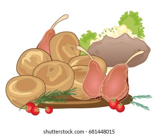 a vector illustration of a traditional sunday roast meal with yorkshire puddings rack of lamb and a baked potato on a white background