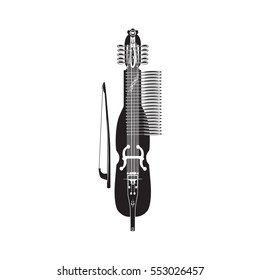 Vector illustration of traditional swedish nyckelharpa. Black and white musical instrument isolated on white background, flat style.