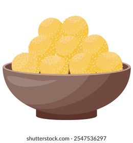 Vector illustration with traditional sweets laddu, tilgul in the bowl. Indian harvest festival Makar Sankranti, Pongal