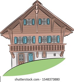 Vector illustration of a traditional Swiss village house on a green lawn. Switzerland. Lungern.