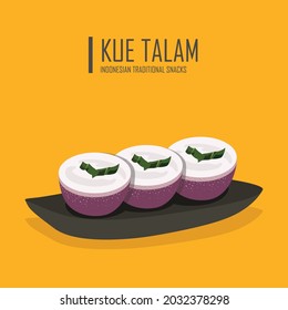 Vector illustration of traditional talam cake or in Indonesia it is called talam cake with freshly prepared pandan leaves on black wooden plate.