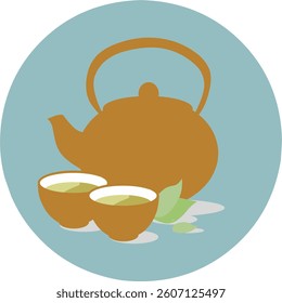 Vector illustration of a traditional tea pot with two tea cups and green tea leaves on a blue background. Perfect for cafe, beverage, or wellness themes.