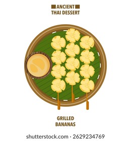 Ilustração vetorial de uma tradicional banana tailandesa servida em xarope de coco em uma placa de bambu com folhas de banana. Vista superior. Refrescante sobremesa de verão. Comida de rua. Asiático. Para o tema alimentação e cultura.
