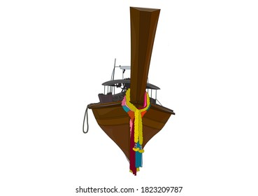 Ilustración vectorial de un barco tradicional tailandés con coloridas lazos variados en la proa.