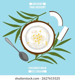 Vector illustration of traditional Thai coconut ice cream served in a coconut shell, top view, suitable for hot weather, refreshing summer dessert, street food, Asia, for food and culture theme.
