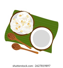 Vector illustration of traditional Thai coconut ice cream served in a coconut shell, top view, suitable for hot weather, refreshing summer dessert, street food, Asia, for food and culture theme.
