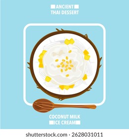 Vector illustration of traditional Thai coconut ice cream served in a coconut shell, top view, suitable for hot weather, refreshing summer dessert, street food, Asia, for food and culture theme.
