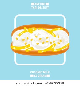 Vector illustration of traditional Thai coconut ice cream topped with roasted green beans and jackfruit served on bread, top view. Refreshing summer dessert, street food, Asia, food and culture theme.