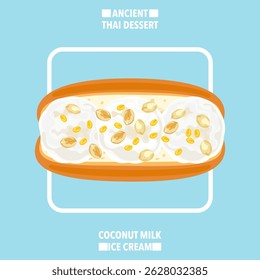 Ilustración vectorial de helado tradicional tailandés de coco cubierto con frijoles verdes asados y cacahuetes servidos en pan. Vista superior. Refrescante postre de verano. Comida callejera. Asia. Tema de comida y cultura.
