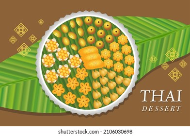 Vector illustration of Traditional Thai dessert top view on green banana leaves