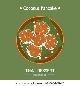 Vector illustration of traditional Thai dessert delicious cooking "Coconut Pancake" in a beautiful banana leaf dish. Top view. Food recipe. Menu. Restaurant for food design. Posters, and backgrounds.