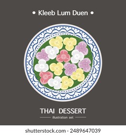 Vector illustration of traditional Thai dessert delicious cooking "Lamduan Petal Dessert" in a beautiful dish, top view, recipe, menu, restaurant for food design Banners, posters, and backgrounds.