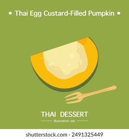 Vector illustration of traditional Thai dessert delicious cooking "Thai egg custard-filled pumpkin" in a beautiful dish, top view, recipe, menu, and restaurant for food design Banners, backgrounds.