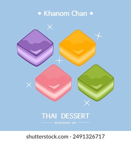 Vektorillustration der traditionellen thailändischen Dessert köstliche Küche "Khanom Chan" in einem wunderschönen Gericht, Blick von oben, Rezept, Menü und Restaurant für Lebensmittel-Design-Banner, Poster und Hintergründe.