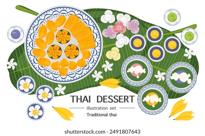 Vektorillustration des traditionellen thailändischen Desserts. Ein gutes Zeichen für den thailändischen Nachtisch. Köstliches Essen aus Rezepten, Menüs, Restaurants für Lebensmitteldesign, Bannern, Plakaten und Hintergründen.