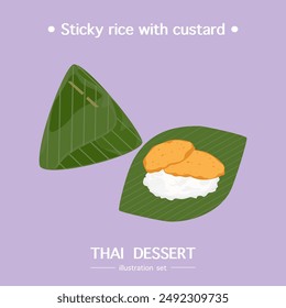 Vector illustration of the traditional Thai dessert delicious cooking "Sticky rice with custard" in a beautiful dish, top view, recipe, menu, and restaurant for food design Banners, and backgrounds.
