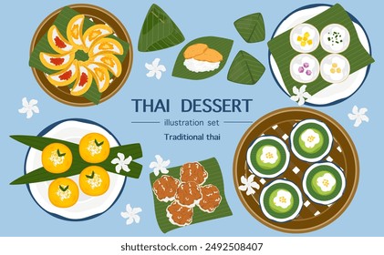 Vector illustration of traditional Thai dessert. An auspicious sign promoting Thai dessert. Cooking delicious food from recipes, menus, restaurants for food design, banners, posters, and backgrounds.