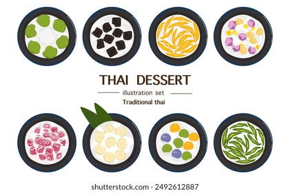 Vector illustration of traditional Thai dessert. An auspicious sign promoting Thai dessert. Cooking delicious food from recipes, menus, restaurants for food design, banners, posters, and backgrounds.