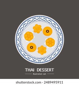 Vector illustration of traditional Thai desserts. It is an encouraging dessert banner. Delicious food cooking from top view, recipes, menus, restaurants for food design, posters, and backgrounds.
