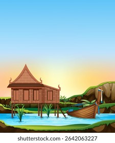 Vector illustration of a traditional Thai house on stilts beside a river with a boat, set against a sunset sky