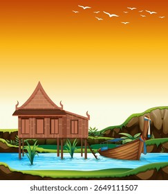 Vector illustration of a traditional Thai house on stilts beside a river, with a vibrant sunset and birds in the sky