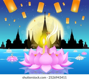 Vector illustration of traditional Thai Loy Krathong festival.