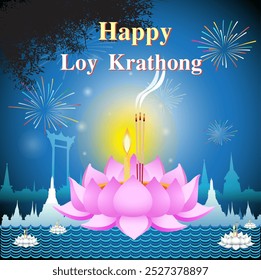 Vector illustration of traditional Thai Loy Krathong festival.