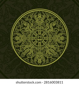 A vector illustration of a traditional Thai Naga in an ancient graphic style, featuring circular decorative patterns and the text 