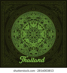 A vector illustration of a traditional Thai Naga in an ancient graphic style, featuring circular decorative patterns and the text 