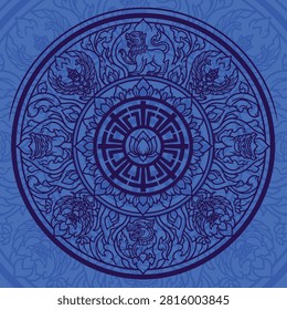 A vector illustration of a traditional Thai Naga in an ancient graphic style, featuring circular decorative patterns and the text 