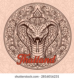 A vector illustration of a traditional Thai Naga in an ancient graphic style, featuring circular decorative patterns and the text 